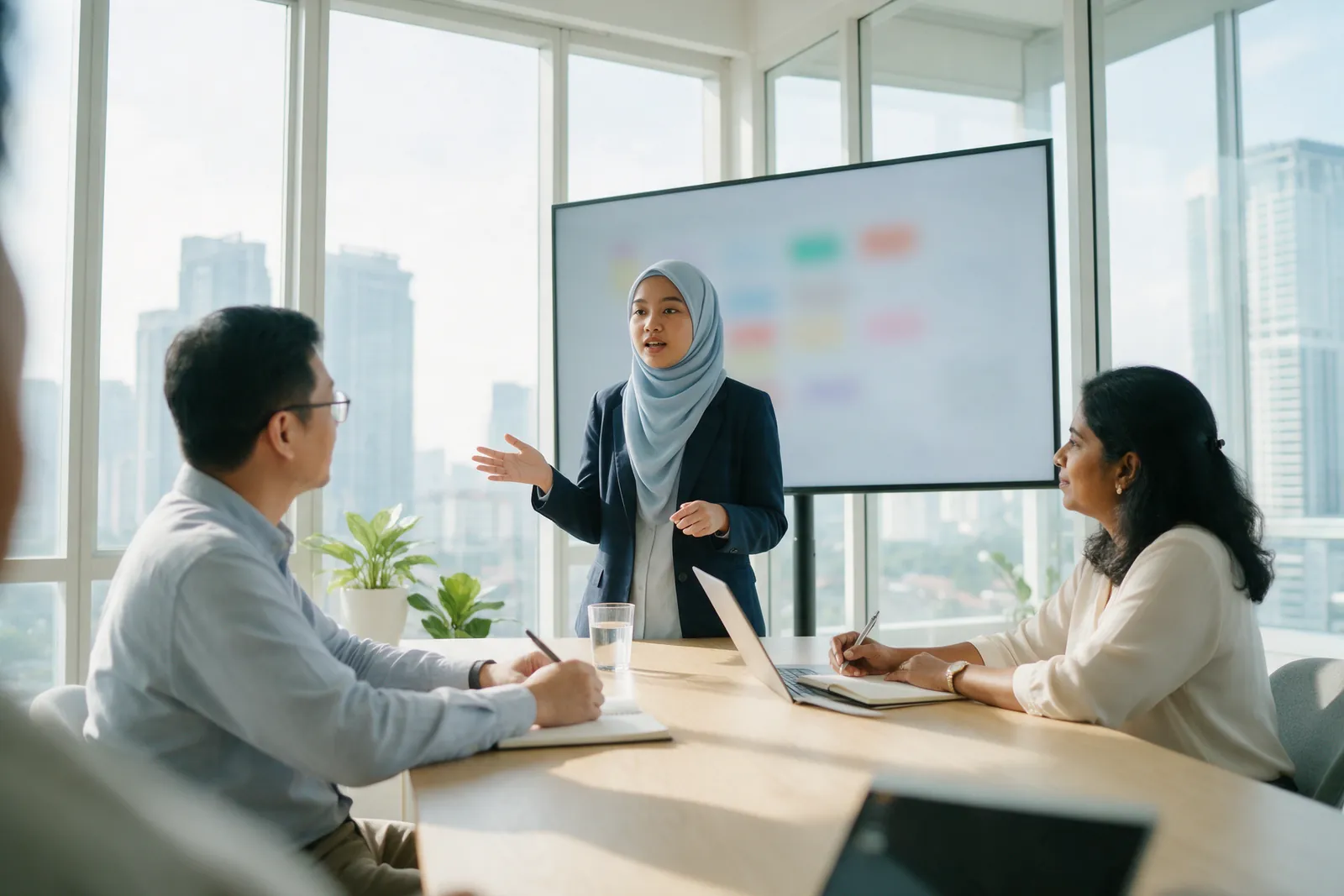 A trainee in a blazer presenting to two colleagues in a bright glass meeting room with the city behind