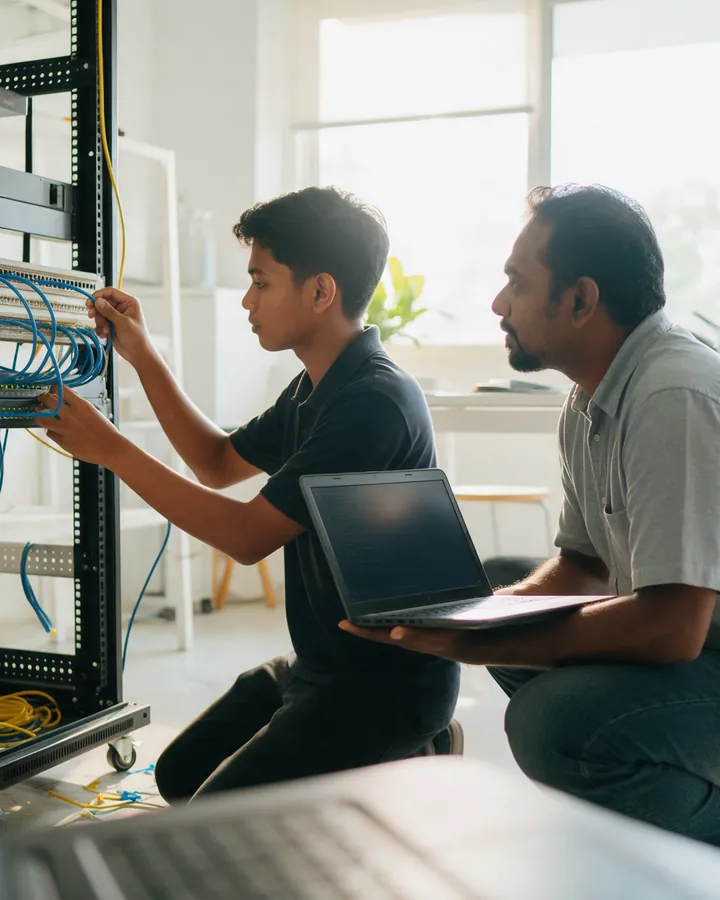 A trainee plugging a patch cable into a network rack while a senior engineer holds a laptop