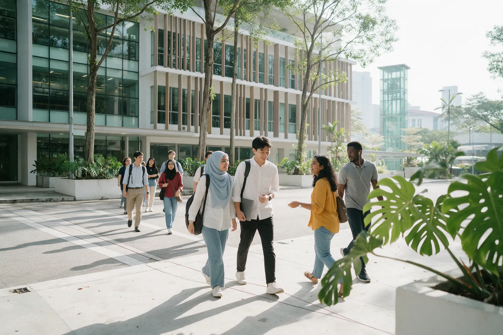 Students with backpacks and laptops crossing a sunlit forecourt towards a modern glass college building in Petaling Jaya