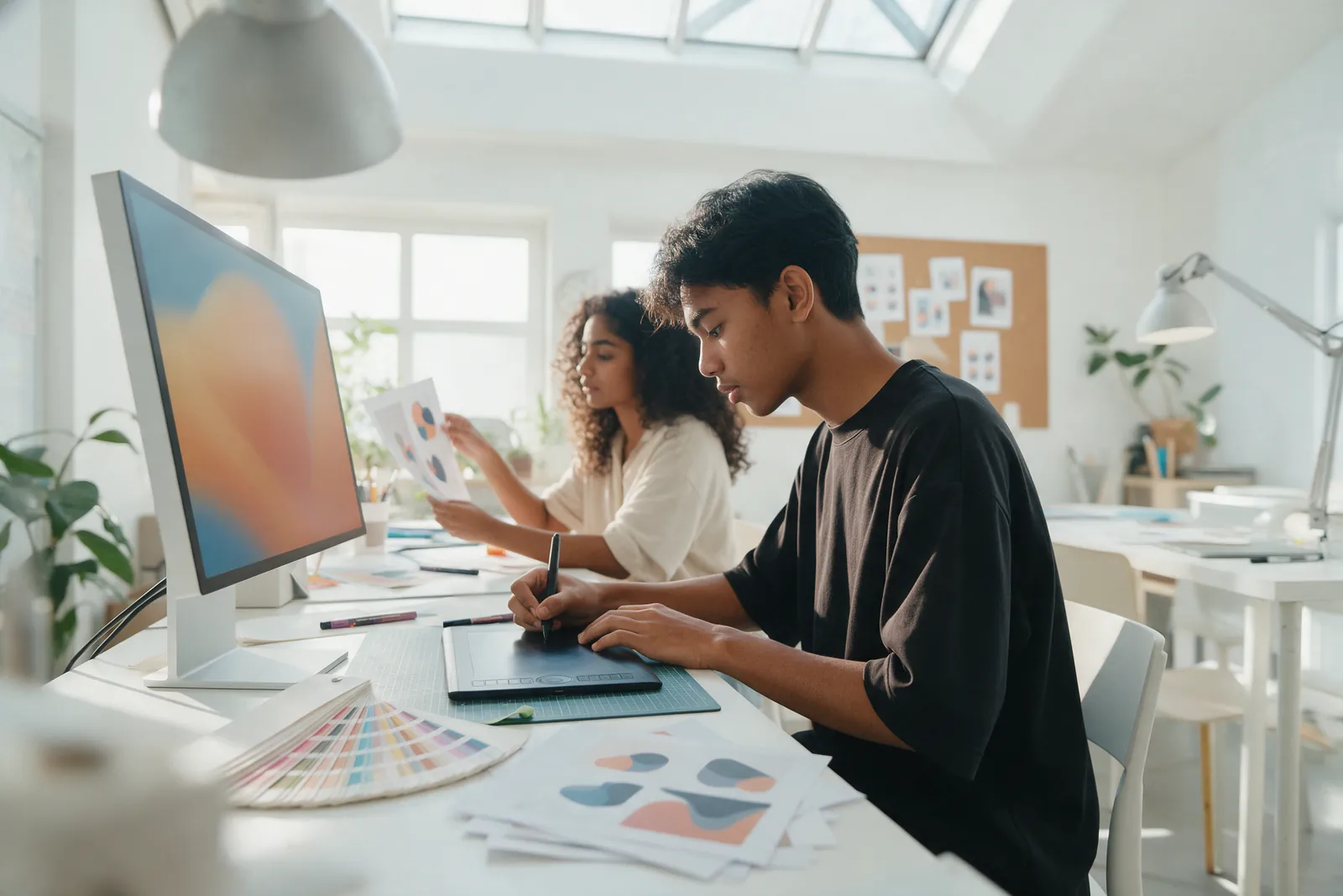 A student drawing on a graphics tablet beside a large monitor showing an abstract colour gradient