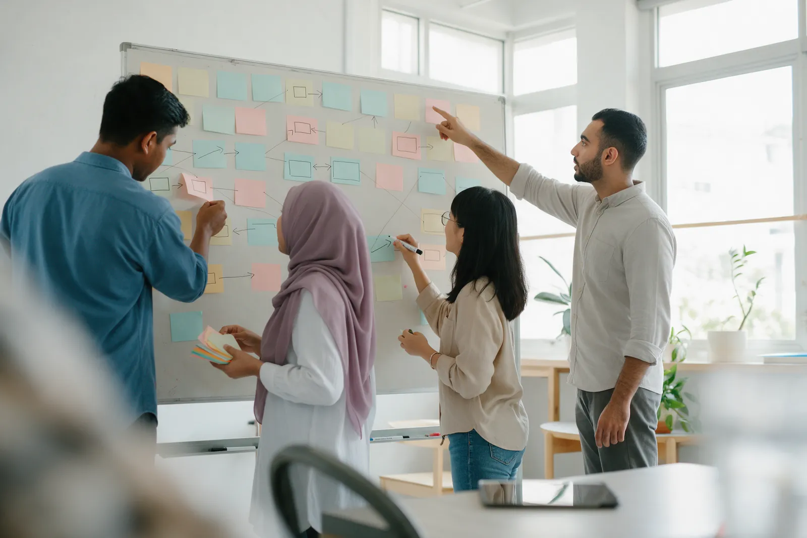 Four students planning a process on a wall board of coloured cards joined by string