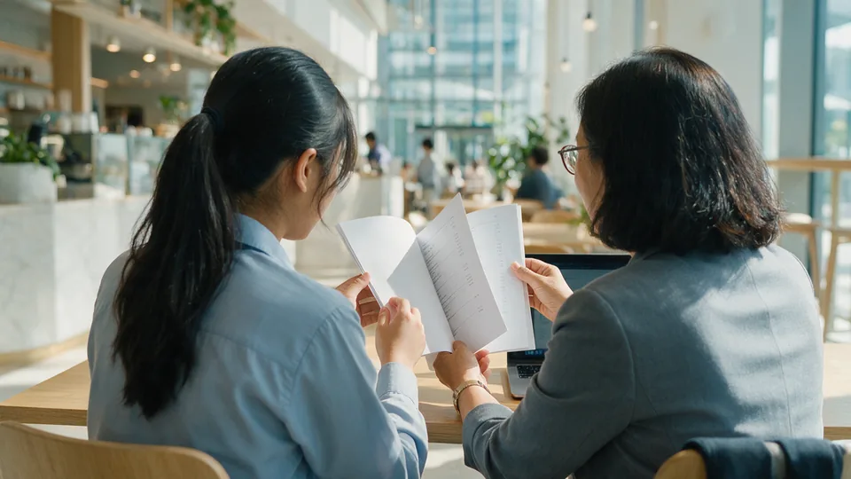 A school-leaver and her mother, seen from behind, reading a printed programme booklet together at a timber table in a bright campus cafe