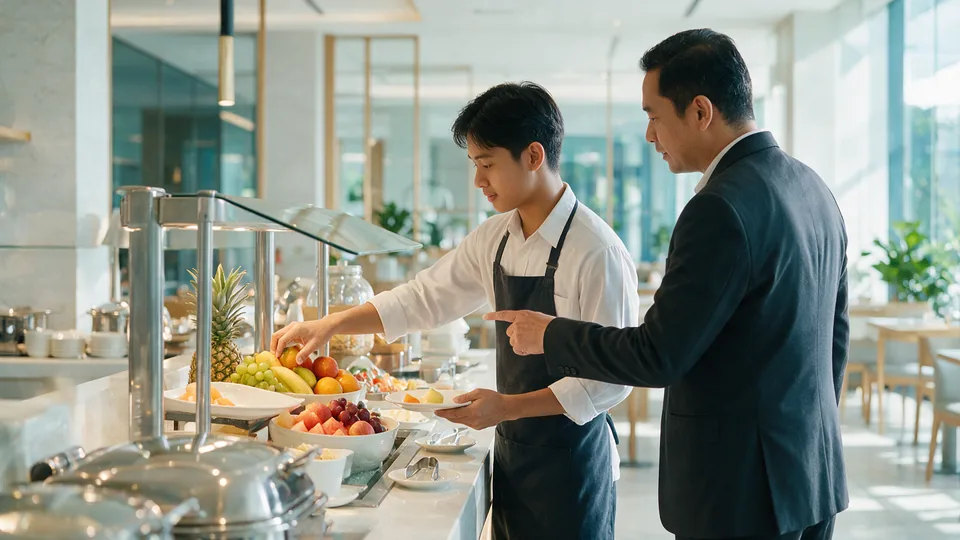 A hospitality trainee restocking a breakfast buffet with fruit while a supervisor points to the display in a bright hotel dining room