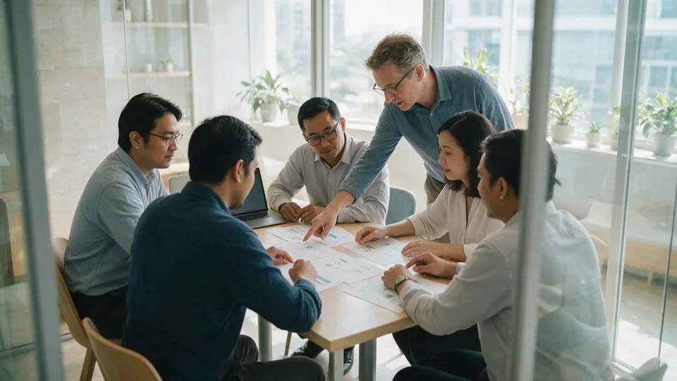 A facilitator pointing at a worksheet as five managers work around a pale meeting table in a glass-walled room