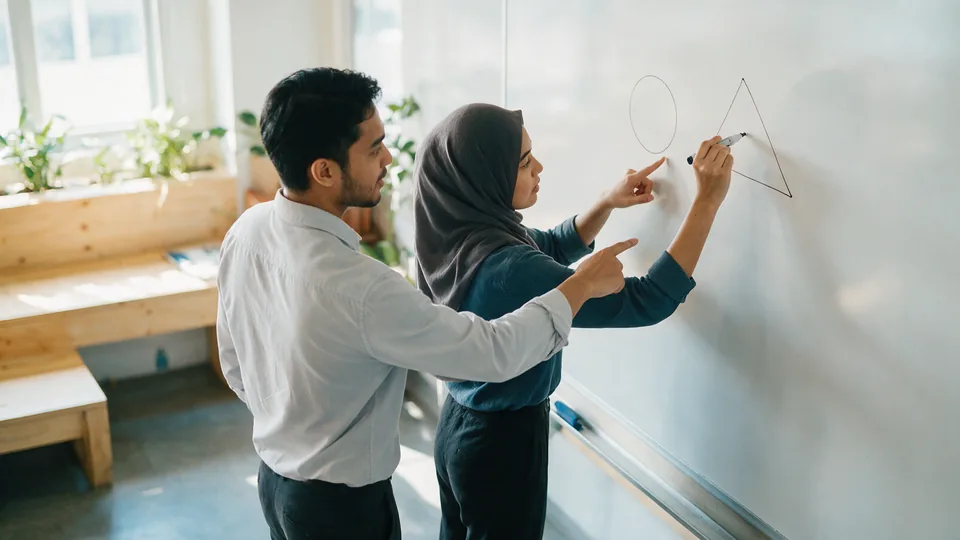 Two students drawing and pointing at a circle and triangle on a whiteboard in a sunlit tutorial room