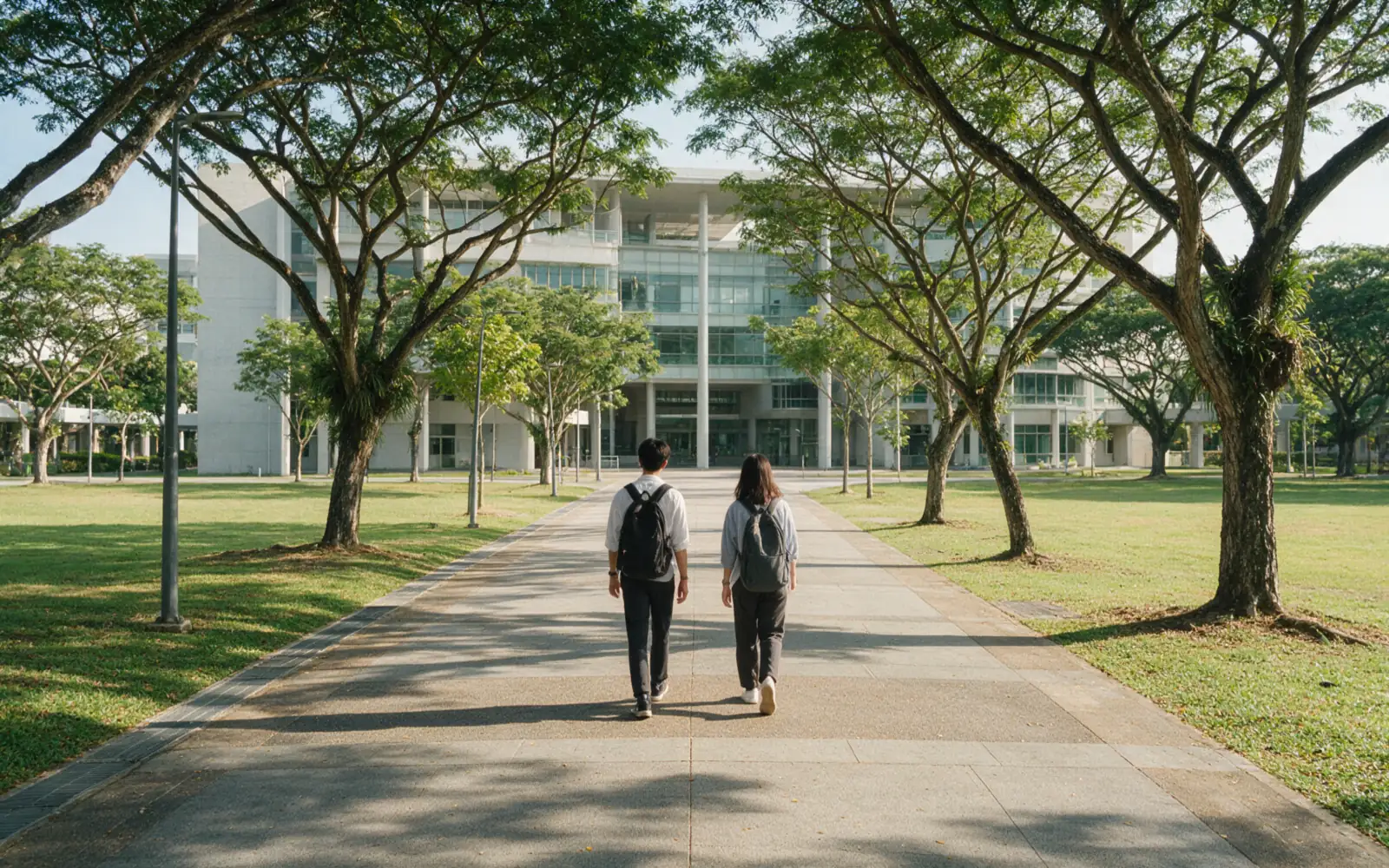 Two students with backpacks, seen from behind, walking along a tree-shaded campus walkway towards a large modern faculty building on a bright morning