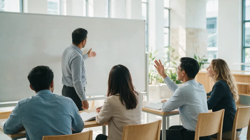 A teacher beside a whiteboard with four beginner English learners at two tables, one raising a hand, in a bright classroom