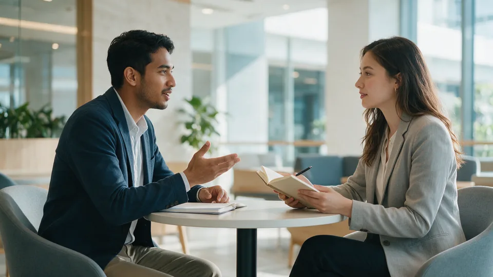 Two learners practising a conversation across a small round table in a bright college lounge, one gesturing as she speaks