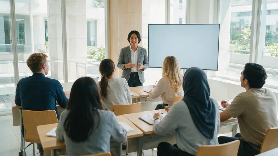 A learner giving a short presentation at the front of a bright seminar room, seen from behind six seated classmates