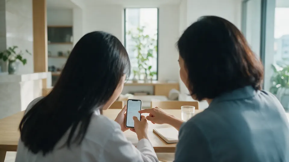 Seen from behind, a school leaver and her mother at a bright dining table, looking at a phone together