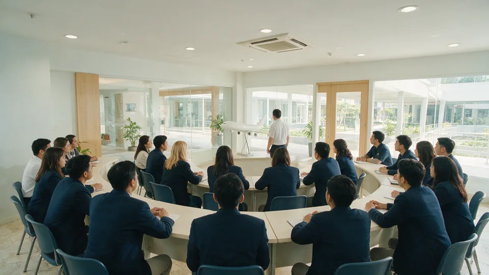 Trainees in plain navy blazers at a horseshoe of desks in a bright training room, an instructor beside a scale model aircraft
