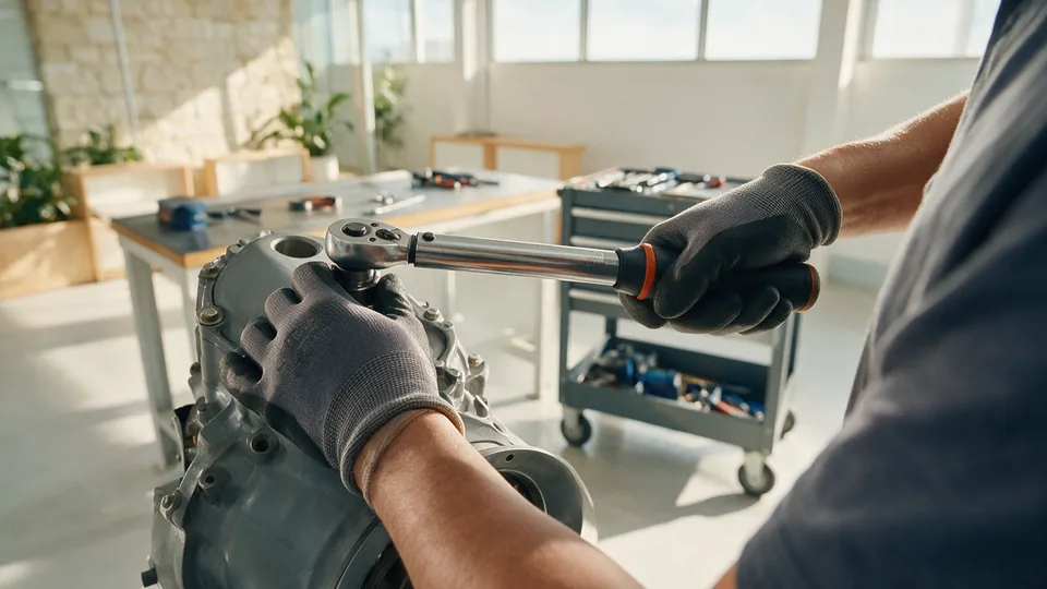 Gloved hands using a torque wrench on a grey engine component on a workbench in a bright workshop