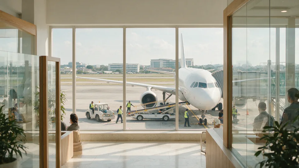 Ground crew in hi-vis vests beside a baggage tug and belt loader at an unmarked white airliner, seen through a terminal window