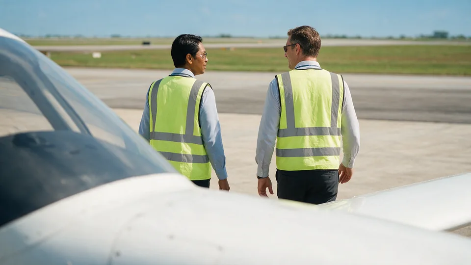 Two professionals in hi-vis vests walking past an unmarked white light aircraft on a sunny apron