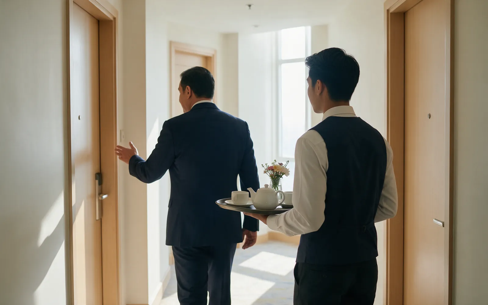A hospitality trainee carrying a tea tray along a bright hotel corridor behind a supervisor, both seen from behind