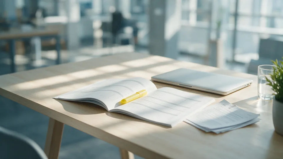 Illustrative photograph: an open programme booklet, a highlighter and printed sheets on a timber desk beside a laptop