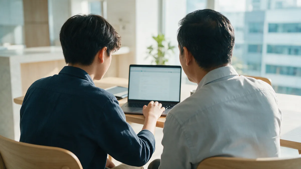 Illustrative photograph of checking an accreditation code: a student and a parent, seen from behind, looking up a programme on a laptop at home