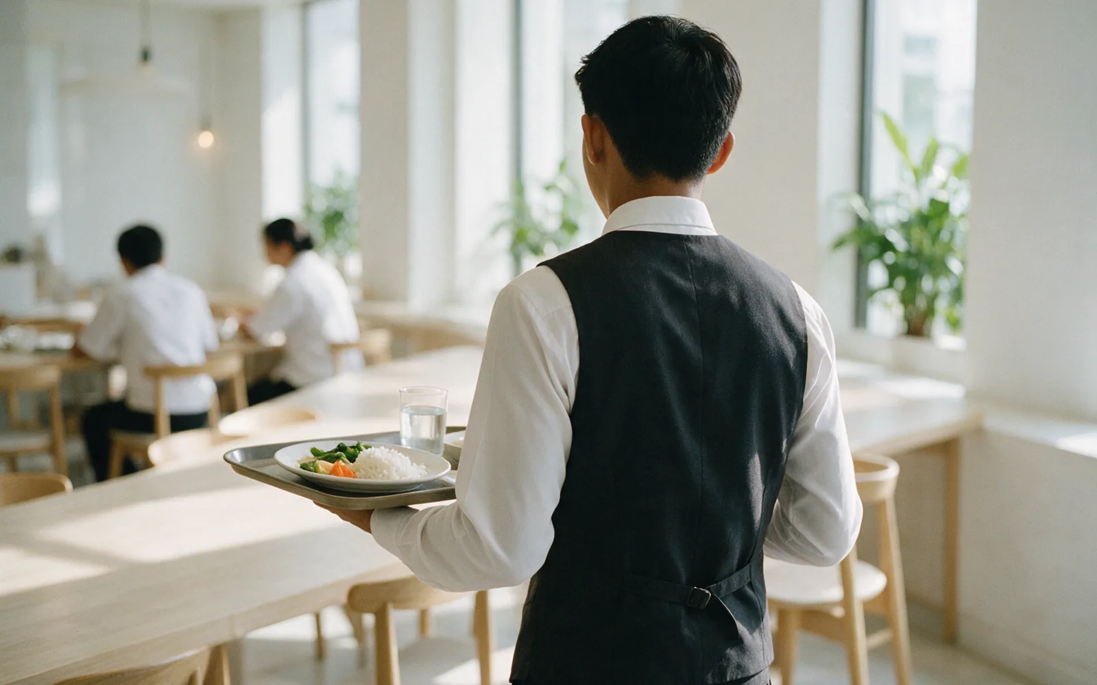 Hospitality trainee seen from behind carrying a staff meal tray through a bright staff dining room