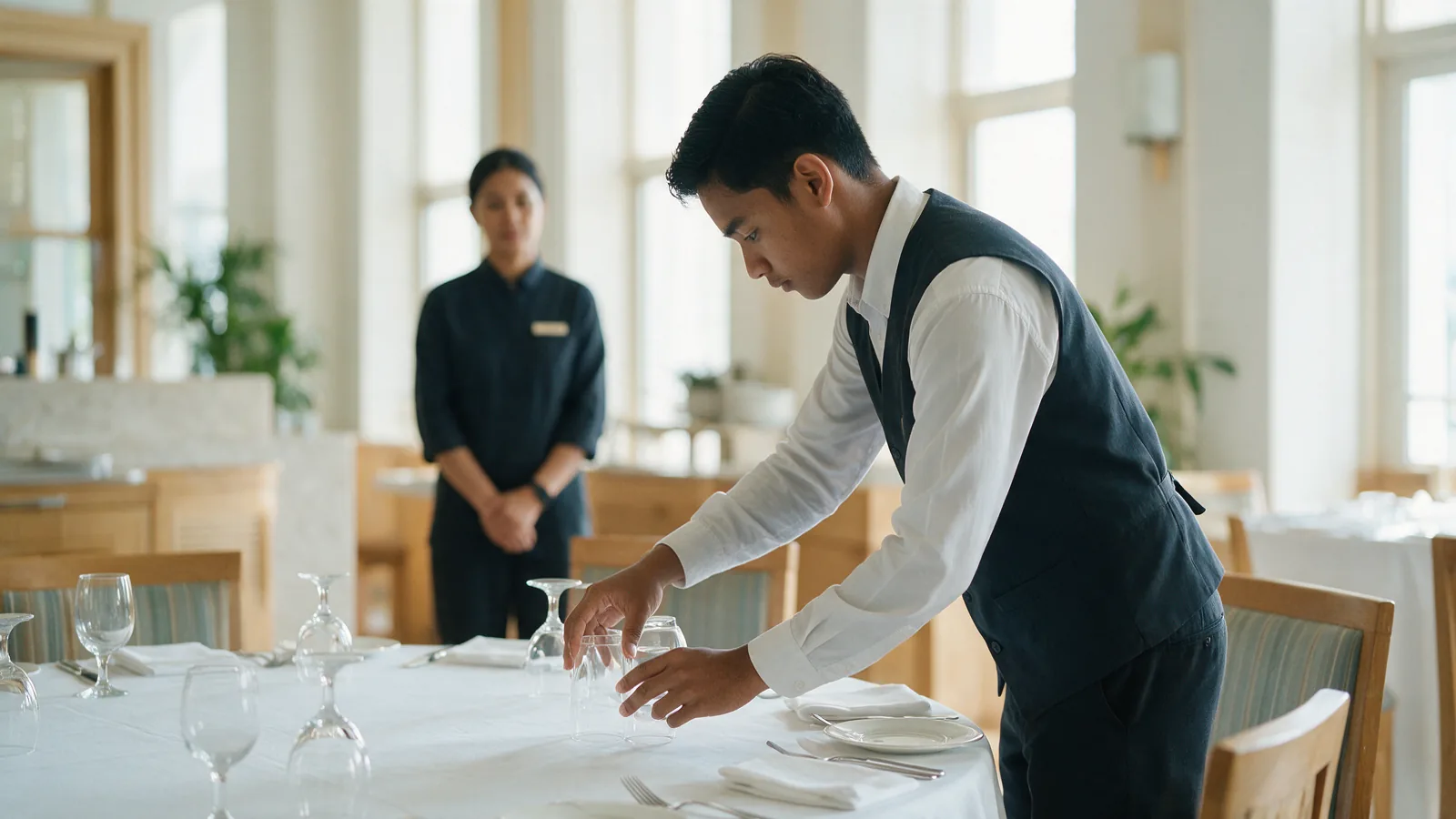 A hospitality trainee setting glasses on a banquet table in a bright function room, a supervisor watching in the background