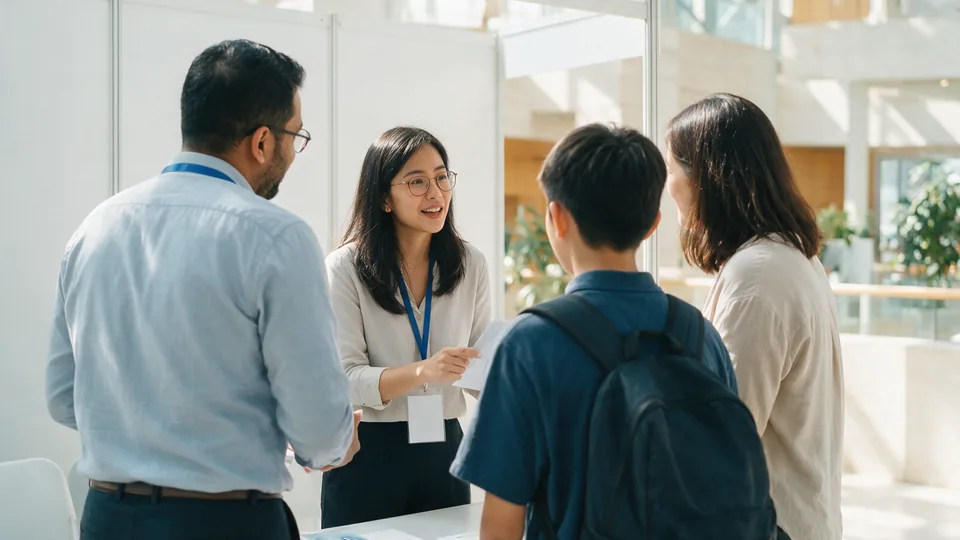 Two education consultants talking with a student and a parent at a plain white stand in a sunlit exhibition hall