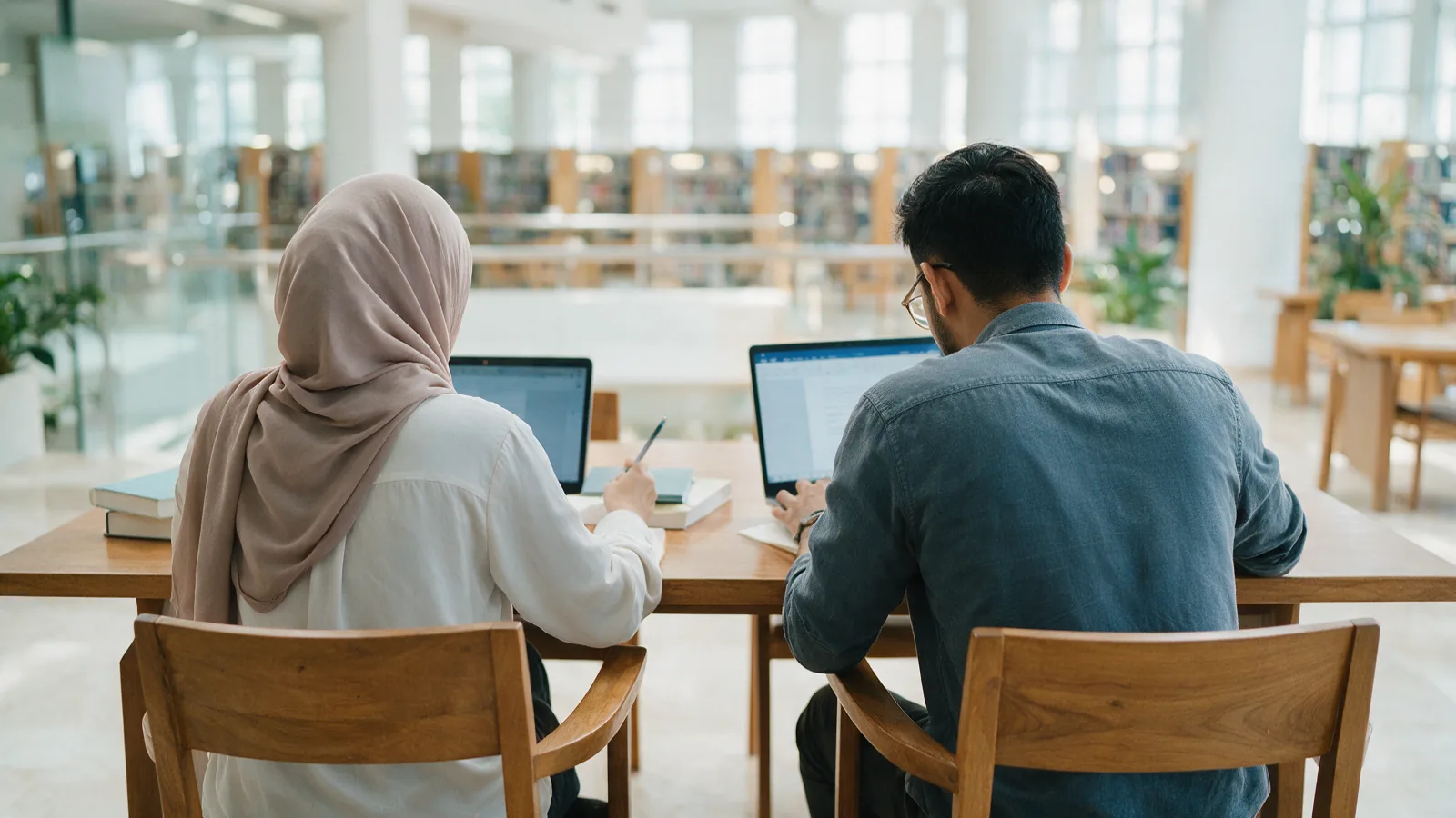 Two postgraduate students, seen from behind, working at a long table with laptops and stacked books in a bright university library reading room