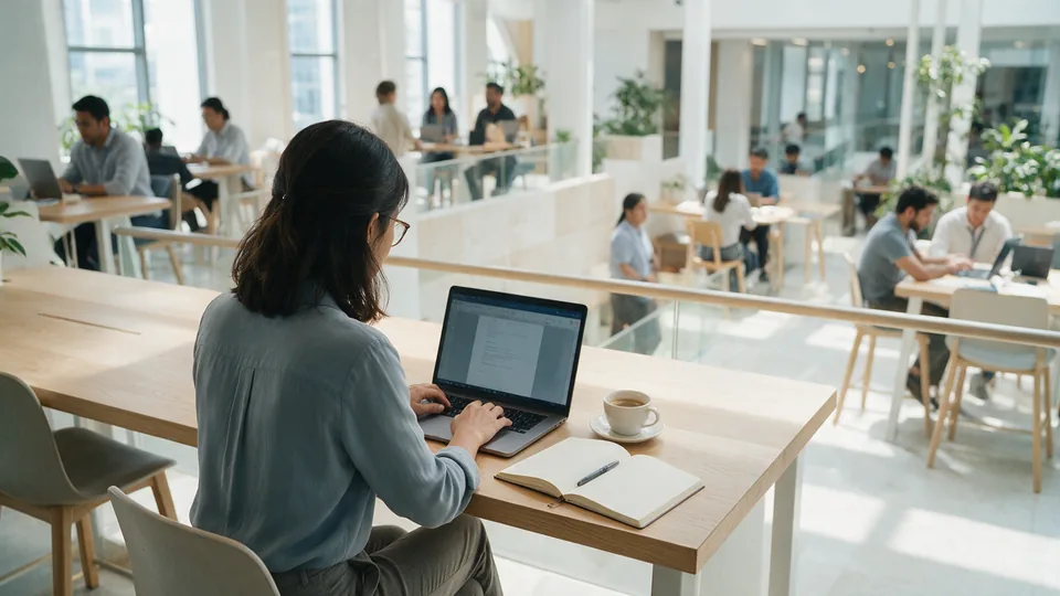 A working professional seen from behind at a laptop in a bright co-working space, a notebook and a cup of coffee beside her