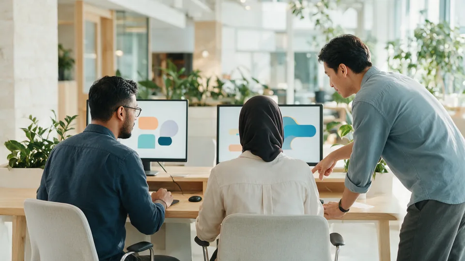 Digital business and AI operations: two people seen from behind at a shared desk with two monitors of abstract colour blocks, a colleague leaning in to point