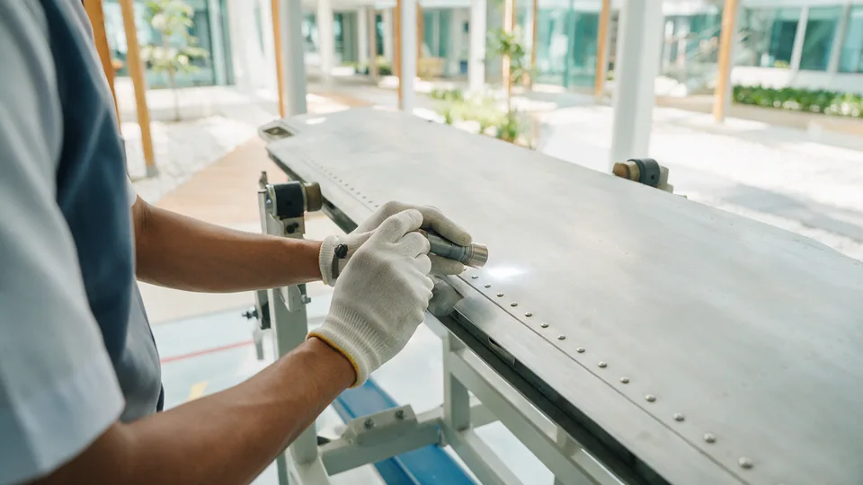 Aircraft maintenance: a trainee's gloved hands holding an inspection torch along a row of rivets on an unpainted aluminium wing panel