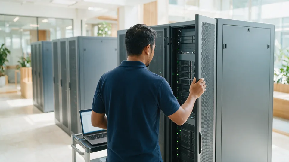 Data centre operations: a technician seen from behind checking a server rack with a laptop on a trolley in a bright, white aisle