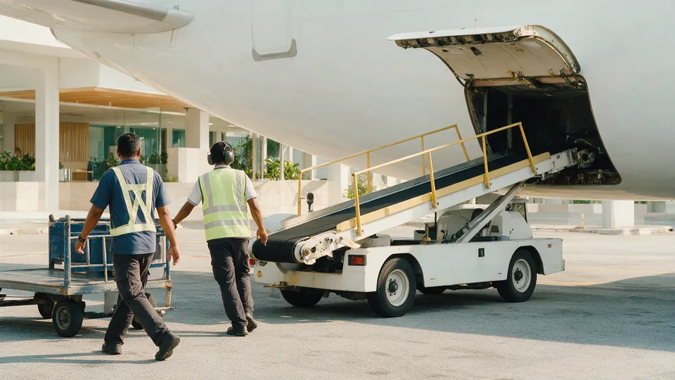 Aviation ground operations: two ground handlers in high-visibility vests, seen from behind, guiding a belt loader to the hold of a plain white aircraft