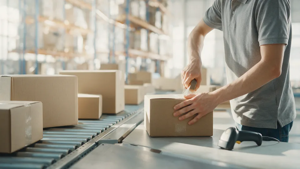 Smart logistics: a trainee sealing a parcel at a packing bench beside a roller conveyor of boxes in a bright warehouse