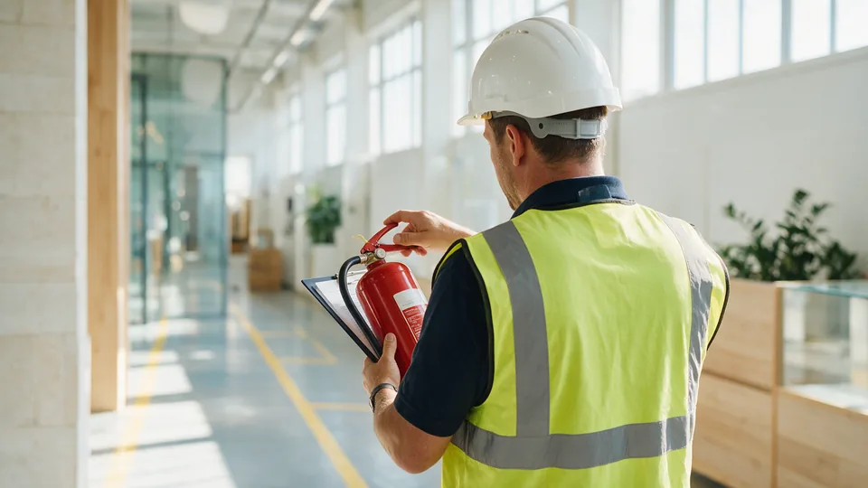 Occupational safety: a safety officer in a high-visibility vest and hard hat, seen from behind, checking a fire extinguisher against a clipboard