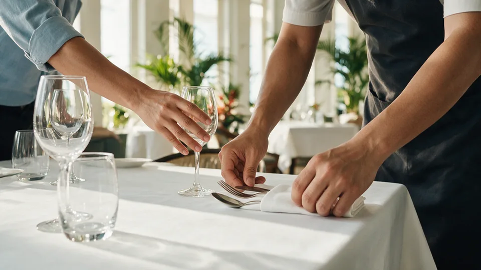 A trainee in a dark apron laying cutlery and a folded white napkin on a breakfast table in a bright hotel restaurant while a supervisor straightens a glass