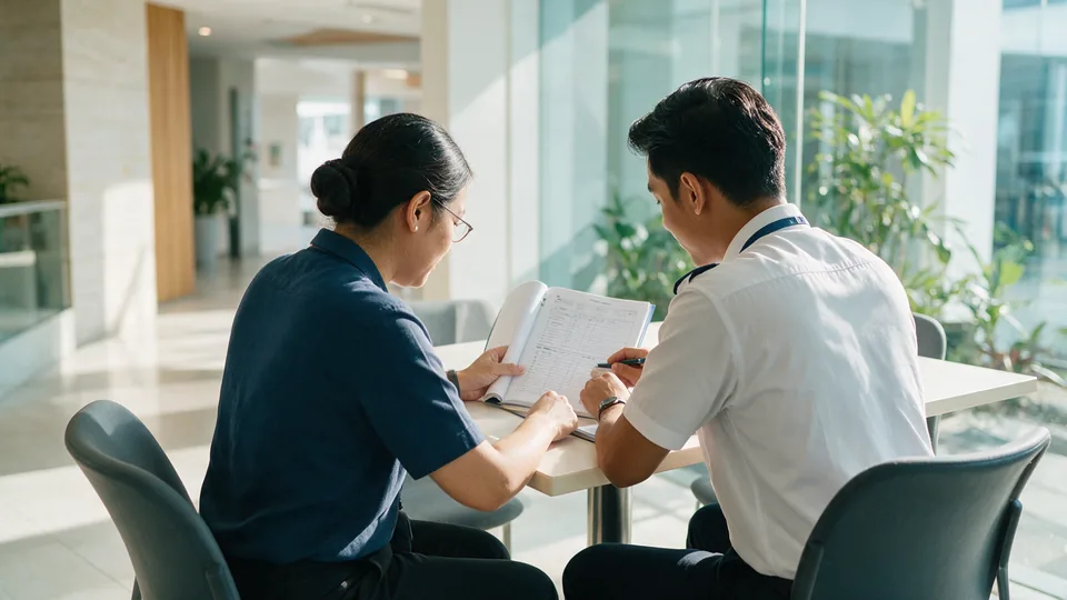 A training manager and a trainee seated side-on at a bright office table, reviewing a training logbook together